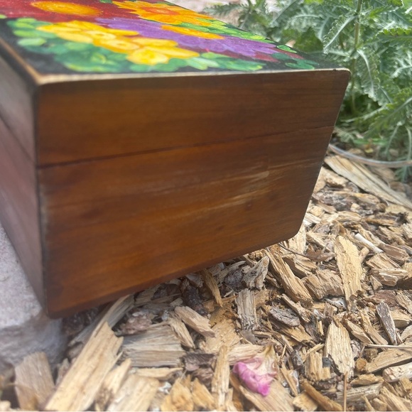 Floral Burst Art Painted Sewing box - Red, Yellow, Purple painted floral box. - Picture 3 of 7
